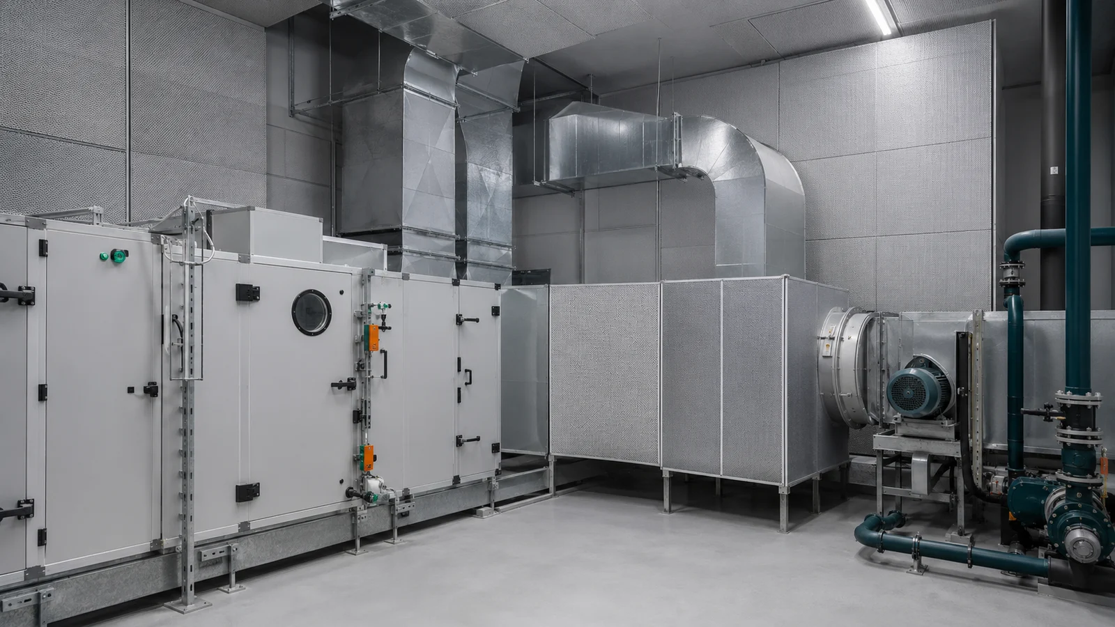 AHU room acoustic treatment and silencers